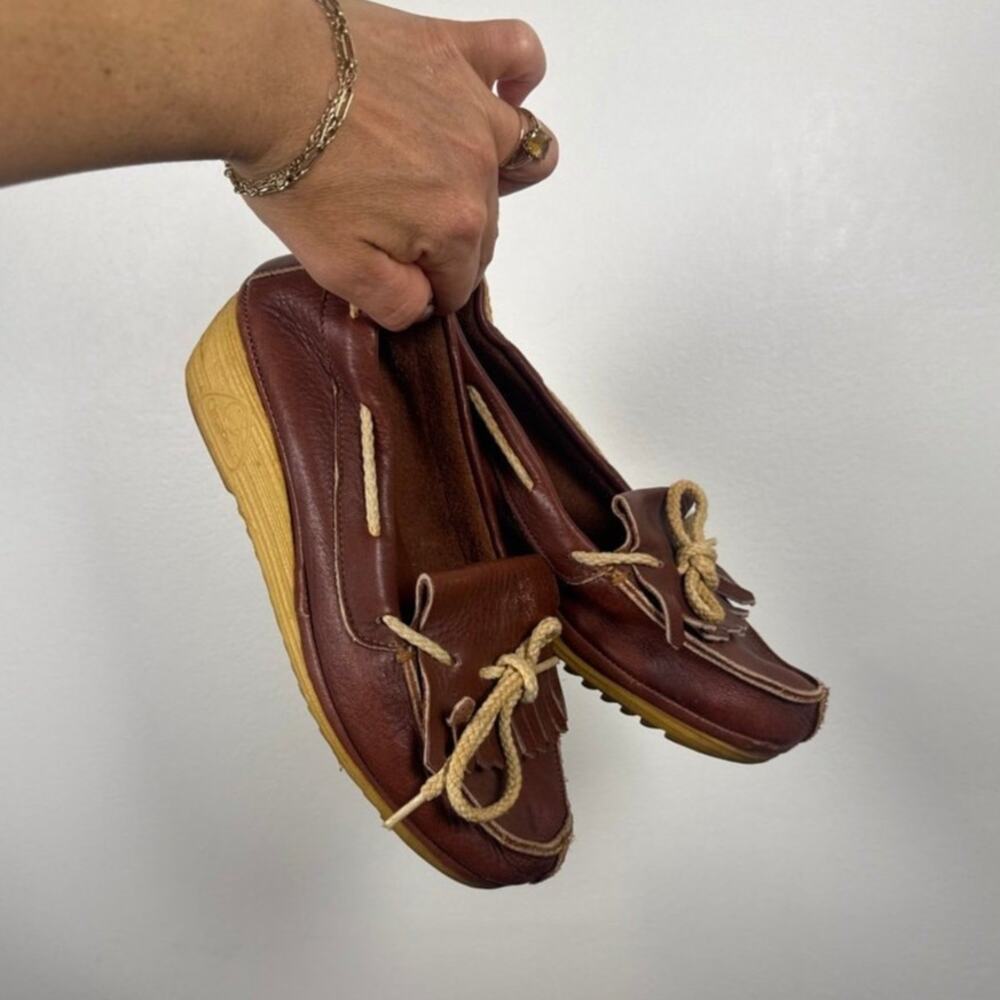 Cherokee Vintage Brown Leather Fringe Tassel Moccasin Wedge Loafers 7.5